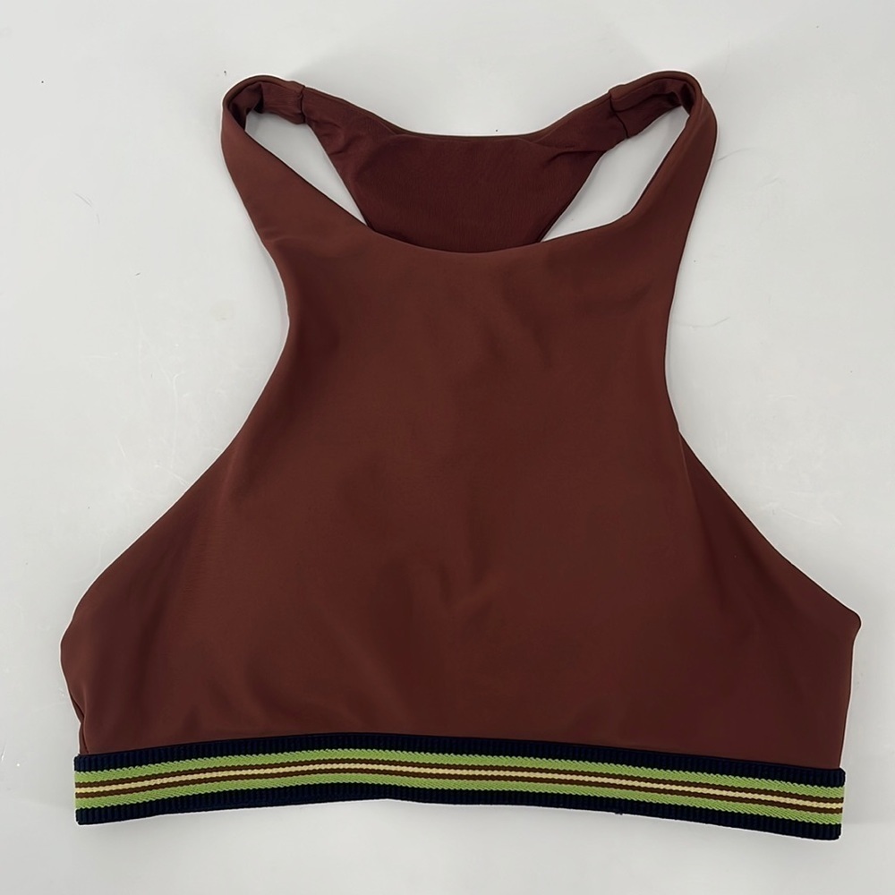 AERIE Rust Brown Neutral Striped Band High Neck Crop Padded Racerback Swim Top